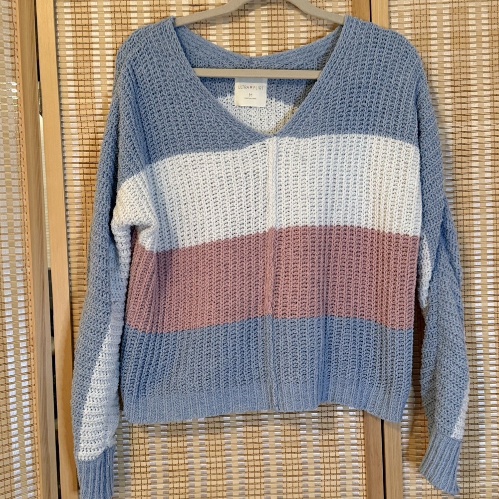 Ultra Flirt Womens M Sweater‎ Cropped Waffle Knit Color Block Pastels Beach